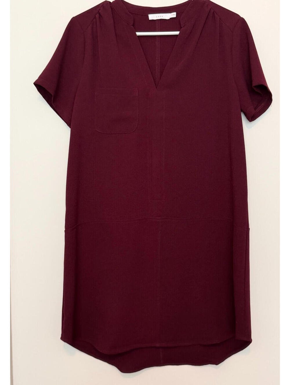 Lush Maroon Split-Neck Crepe Shift Dress, Size Small, Very Good Condition